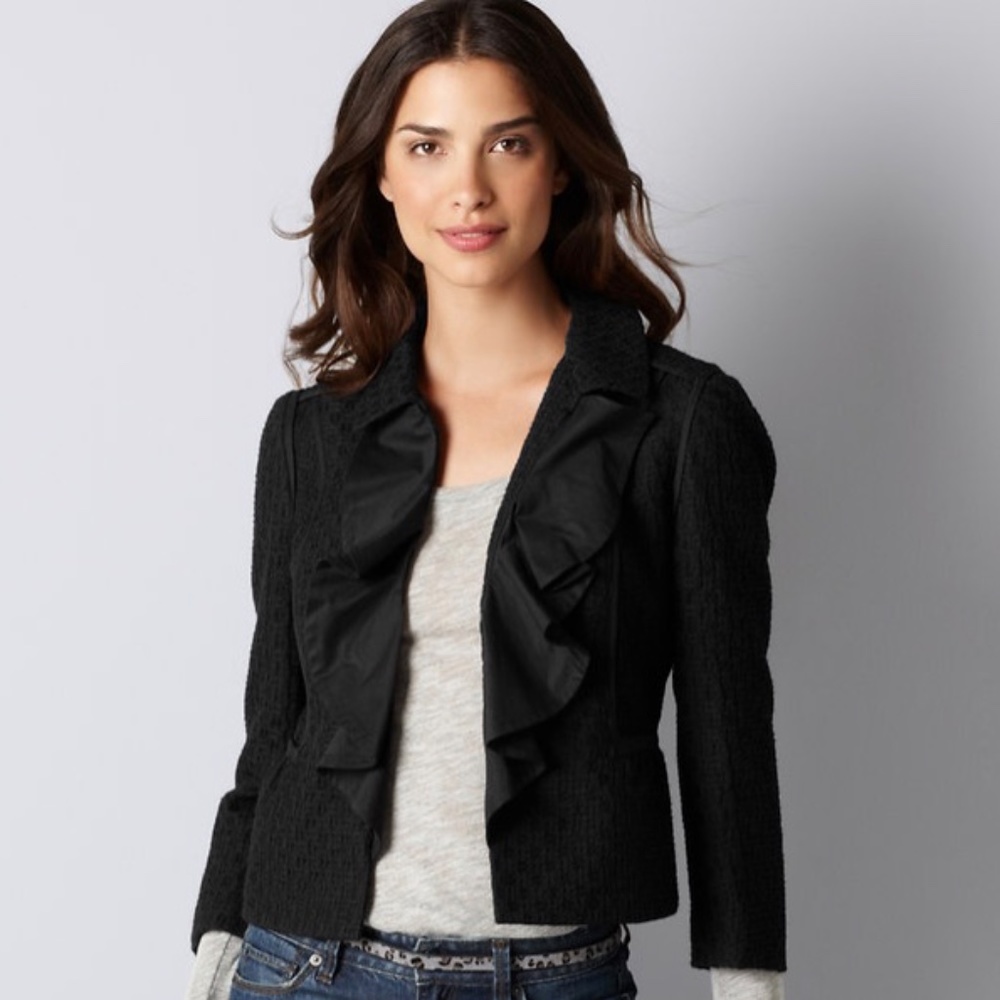 LOFT Textural Tweed Ruffle Trim 3/4 Sleeve Jacket